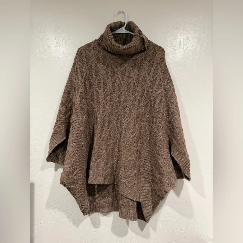 By Anthropologie Tan Corine Cable Knit Poncho Cowl Neck Sweater size XL